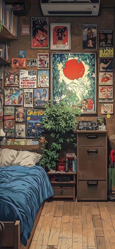 a bedroom with posters all over the walls