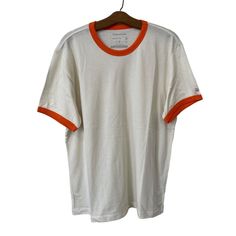 Homefield Crewneck Short Sleeve Ringer T Shirt Mens Xl Cream Orange Cotton Poly Cotton/Polyester Blend Cream With Orange Trim Brand: Homefield Short Sleeves Crew Neck Machine Washable Top To Bottom = 28 Inches, Armpit To Armpit = 22 Inches Features: Pullover Style Size: Mens Xl Condition: New Without Tags Modern Basic Tee T-Shirt Trendy Essentials Retro Classic Contemporary Fashion Stylish Daily Errands Everyday Outfit Fashionista Saturday Sunday Travel Vacation Summer Spring Everyday Comfortabl Sporty Orange Crew Neck Shirt, Casual Orange Cotton T-shirt, Casual Orange Cotton Shirt, Sporty Orange Cotton T-shirt, Retro Orange Cotton T-shirt, Trendy Essentials, Comfy Streetwear, Jnco Jeans, Nike Tennis Dress