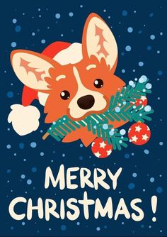 a christmas card with a cartoon fox holding a holly branch in it's mouth