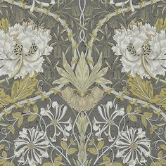 an intricately designed wallpaper with flowers and leaves in grey, yellow and white colors