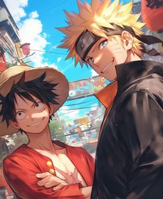 two anime characters standing next to each other in front of a cityscape with buildings