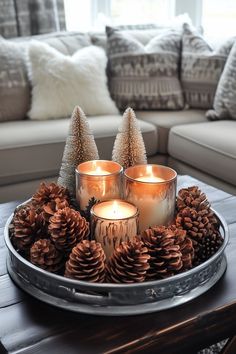 stylish christmas coffee table decor ideas for small living rooms Diy Christmas Coffee Table Decor, Coffee Table Holiday Decor, Holiday Coffee Table Decor Christmas, Winter Coffee Table Tray, Christmas Mason Jars Centerpieces, Round Christmas Centerpieces, Cabin Table Centerpiece, Minimalist Christmas Table Decor