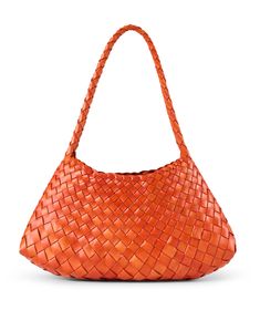 Dragon Diffusion fuses ancient techniques with modern design to create fashion-forward bags, like the Rosanna. It's woven from leather strips to form a tapered silhouette, perfect for adding flair to this season's ensembles. Carry it on your shoulder with your favorite outfits to instantly elevate any look. Luxury Woven Orange Bags, Luxury Orange Bags With Leather Lining, Luxury Textured Leather Orange Bags, Luxury Orange Textured Leather Bags, Luxury Orange Leather Shoulder Bag, Luxury Orange Chic Shoulder Bag, Luxury Soft Leather Orange Shoulder Bag, Luxury Elegant Orange Shoulder Bag, Luxury Orange Shoulder Bag For On-the-go