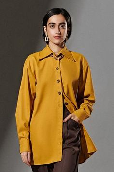 Shop for TheRealB Yellow Polyester Oversized Shirt for Women Online at Aza Fashions Collared Single Breasted Blouse For Fall, Single Breasted Blouse With Lapel Collar For Fall, Single-breasted Blouse With Lapel Collar For Fall, Collared Single-breasted Blouse For Fall, Fall Blouse With Single Breasted Lapel Collar, Fall Single-breasted Blouse With Lapel Collar, Yellow Button-up Tops For Workwear, Yellow Spread Collar Shirt For Work, Collared Blouse With Snap Buttons For Work