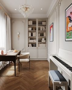 a living room filled with furniture and a piano