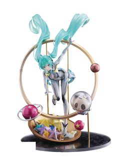 an anime figurine is sitting on top of a circular stand with stars and planets