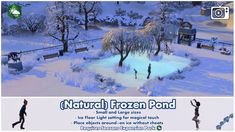 an image of a frozen pond with people in the snow and trees around it, along with text that reads natural frozen pond small and large sizes