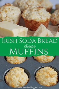 irish soda bread muffins in a muffin tin with the words, irish soda bread cheese muffins