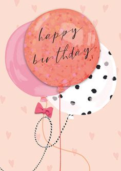 a pink balloon with a bow on it and the words happy birthday written in black ink