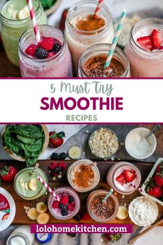 smoothie recipe in mason jars with strawberries and other toppings