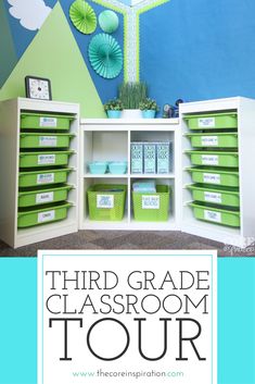 the third grade classroom tour with green bins and blue wall paper fan in background