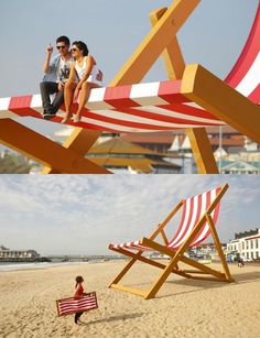 two pictures of people sitting on beach chairs