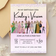 Cute Editable Invitation for Taylor Themed Party - Birthday Era Card - Invitation Customizable Template #taylor #birthdaypartyideas #birthdayinvites #party #swiftie Swift Party, Invitation Card Birthday, Taylor Swift Party, Card Invitation, Watch Party, 12th Birthday, Party Invite, 7th Birthday, Editable Invitations