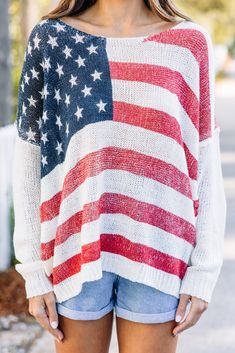 This sweater is honestly the best all around! It's so cute and we love the loose knit fabric! This sweater is going to look so good with denim shorts this summer for those patriotic holidays! It will even look super cute over a swimmy by the lake! This sweater features a wide neckline, long sleeves, a loose knit, and an American flag print. Material has a generous amount of stretch.Cam is wearing the small. Flag Sweater, American Flag Sweater, American Flag Print, Mint Julep Boutique, Patriotic Holidays, By The Lake, Loose Knit, Themed Outfits, American Flag