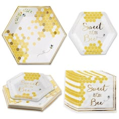 bee themed paper plates and napkins with gold foil lettering on them, including the words sweet as can bee