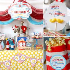 a circus themed birthday party with an elephant on the table and cupcakes in front of it