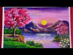 a painting with pink flowers and mountains in the background