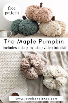 three crocheted pumpkins sitting on top of a blanket