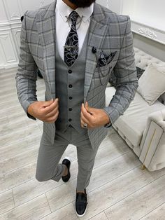 Olympia Dark Gray Slim Fit Peak Lapel Plaid Suit – brabion Grey Suit Men, Dark Gray Suit, Pants Gift, Lapel Jacket, Plaid Suit, Slim Fit Suits, Jacket Vest, Grey Plaid, Peak Lapel