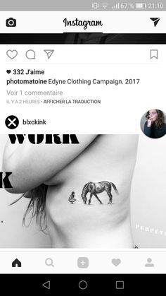 an instagram page with a horse tattoo on the back of someone's chest