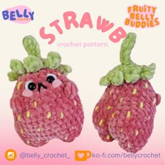 two crocheted strawberries are shown in front of a pink background with the words,