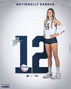 a female volleyball player posing in front of the nationally ranked number 12 poster