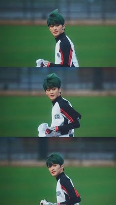 an image of a boy with green hair on the baseball field and in his uniform