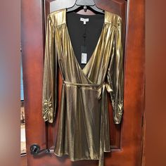 Authentic Gianni Bini Women’s Color Gold, Shimmer, Wraparound Cocktail Dress In Size Large. Purchased At Dillard’s, New With Tags, Never Worn. Bust About 21” Gold V-neck Mini Dress For Fall, Gold Mini Dress For Cocktail Events In Fall, Gold Mini Dress For Fall Cocktail, Gold Mini Dress For Fall Cocktail Events, Wrap Around Dress, Gold Shimmer, Gianni Bini, Large Size Dresses, Wrap Around