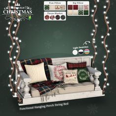 a couch with pillows and christmas lights on the wall behind it in front of a green background