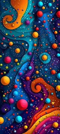 an abstract painting with many different colors and bubbles on the surface, as if it were floating