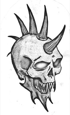 a black and white drawing of a skull with horns