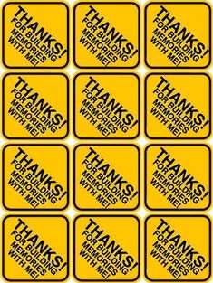 six yellow and black stickers with words that say thanks