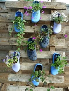 several pairs of blue shoes are hanging on a wooden pallet with flowers in them