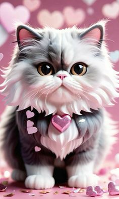 a cat that is sitting down with hearts on it's chest and eyes wide open