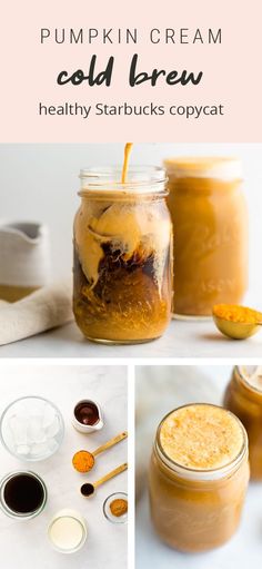 pumpkin cream cold brew in mason jars with spoons and ingredients to make the drink