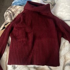 Super Soft Dark Red Cropped Sweater. Never Worn! Red Ribbed Turtleneck Sweater, Red Ribbed Turtleneck Top, Winter Burgundy Ribbed Tops, Trendy Red Tops For Winter, Trendy Red Cotton Sweater, Trendy Red Turtleneck Sweater, Casual Red Stretch Sweater, Red Cropped Tops For Winter, Red Ribbed Long Sleeve Tops