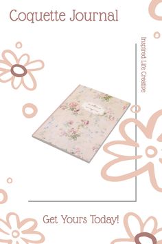 a pink and white floral notebook with the words get your's today on it