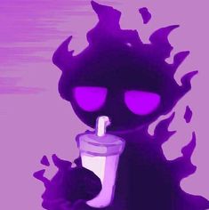 a black cat with purple eyes holding a drink