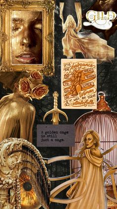 a collage of gold and black items including a woman's face, birdcage, mirror, roses, etc