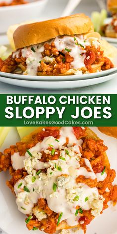 two plates with sloppy joes on them and the words buffalo chicken sloppy joes