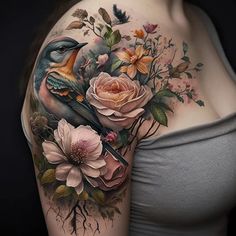 a woman's shoulder with flowers and a bird on the top of her arm