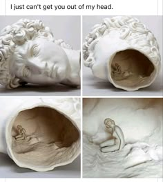 four different views of a white sculpture with the words'simplement, no pudo sacate de mi cabeza '