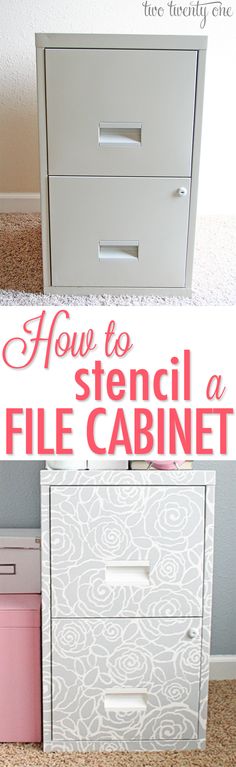 there is a file cabinet with two drawers on it and the words how to stencil a file cabinet