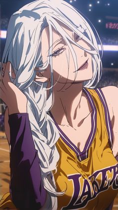 an anime character with long white hair in a basketball uniform looking down at her face