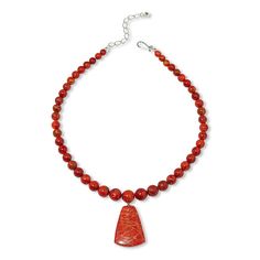 Jay King Red & Orange Branch Coral Necklace The deep red and orange colors of natural coral harvested from the waters of Indonesia make this bold necklace design the kind of stunning statement piece that will help you stand out from the crowd! From Jay King.       Necklace approx. 18-1/4"L x 1/2"W with 2-3/4" extender     Drop approx. 2-1/4"L x 1-1/8"W     Stamped .925     Hook closure     Orange/red coral necklace has freeform center drop     Round, orange/red coral beads strung in slight gradu Red Beaded Pendant Necklace With Natural Stones, Red Coral Pendant Necklace, Red Coral Necklace With Natural Stones, Orange Branch, King Necklace, Ireland Fashion, Red Coral Necklace, Bold Necklace, Natural Coral