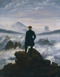 a painting of a man standing on top of a mountain looking out at the clouds