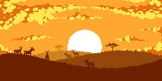 the sun is setting over a desert with animals