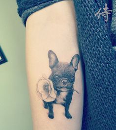 a small dog with a flower tattoo on the arm