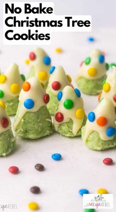 no bake christmas tree cookies with white frosting and sprinkles