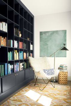 a living room with bookshelves and a rug in front of the bookcases